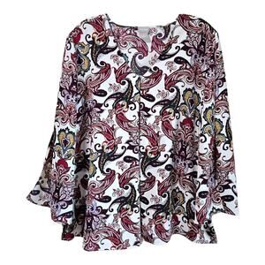 CHICO'S 2 Women L 12 14 Blouse Multicolor Paisley 3/4 Slit Bell Sleeve Bust 46"